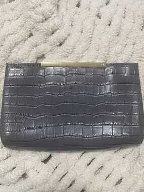 Croc-Embossed Gray Leather Clutch with Gold Accent